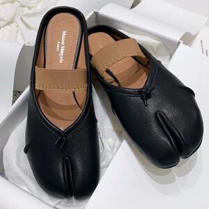 Maison Martin Margiela Black Leather Tabi Mule with Tan Strap Accent
